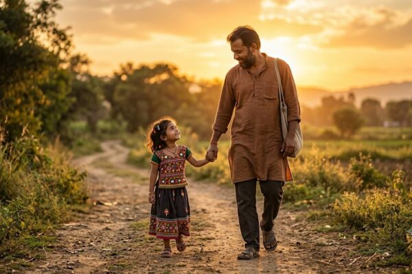 अपने छोटे बच्चे का हाथ थामे मुस्कुराते हुए एक पिता, जो सुरक्षा, प्रेम और विश्वास का प्रतीक है।