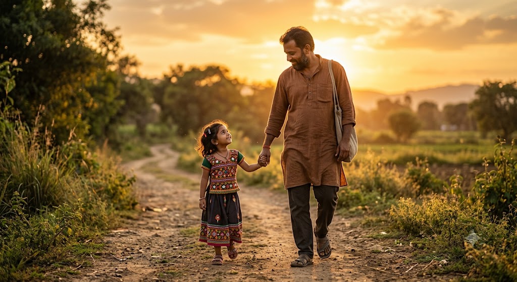 अपने छोटे बच्चे का हाथ थामे मुस्कुराते हुए एक पिता, जो सुरक्षा, प्रेम और विश्वास का प्रतीक है।