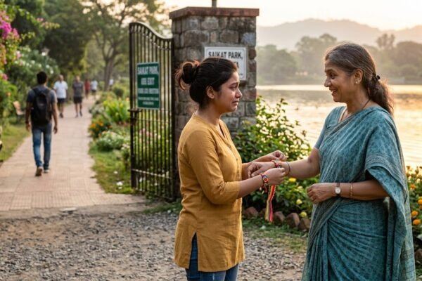 सुबह की सुनहरी रोशनी में झील किनारे एक महिला के हाथ पर फ्रेंडशिप बैंड बाँधती हुई एक युवा लड़की, पृष्ठभूमि में शांत पार्क और भावनात्मक माहौल।