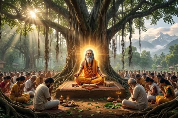 ज्ञान का प्रकाश फैलाते दिव्य गुरु के चरणों में नतमस्तक शिष्य