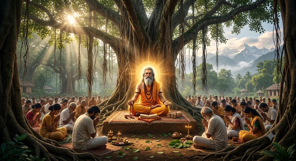 ज्ञान का प्रकाश फैलाते दिव्य गुरु के चरणों में नतमस्तक शिष्य
