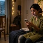 एक युवा व्यक्ति मोबाइल फोन देखते हुए भावनात्मक तनाव में, रिश्ते में घोस्टिंग और डिजिटल दूरी को दर्शाता दृश्य।