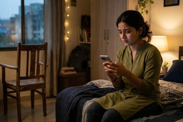 एक युवा व्यक्ति मोबाइल फोन देखते हुए भावनात्मक तनाव में, रिश्ते में घोस्टिंग और डिजिटल दूरी को दर्शाता दृश्य।