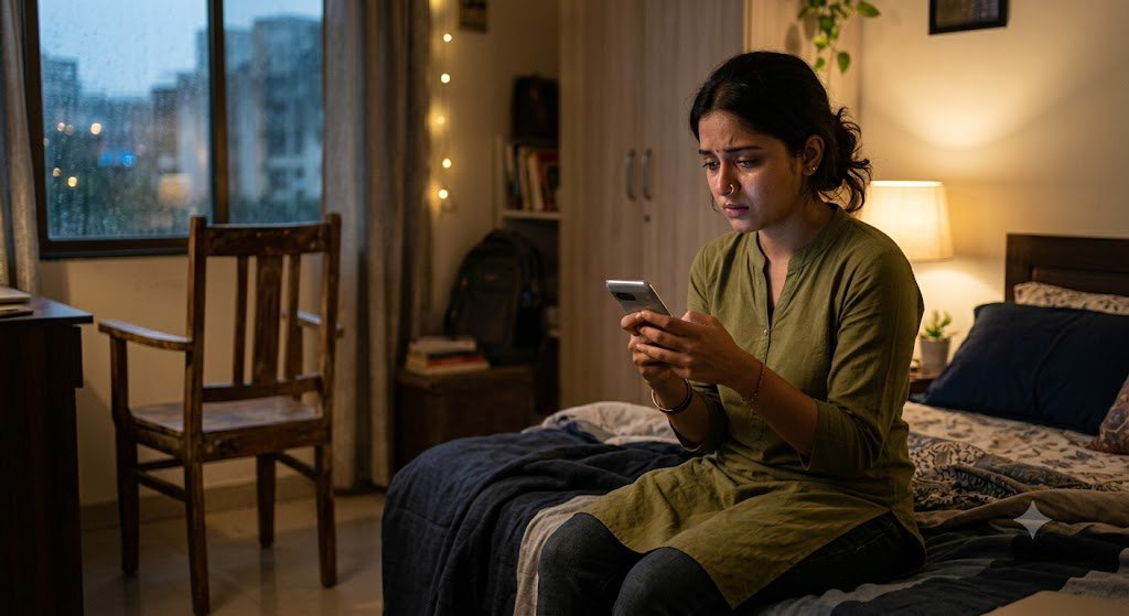 एक युवा व्यक्ति मोबाइल फोन देखते हुए भावनात्मक तनाव में, रिश्ते में घोस्टिंग और डिजिटल दूरी को दर्शाता दृश्य।