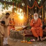 गुरु पूर्णिमा पर गुरु के चरण स्पर्श करते शिष्य, साथ में माता-पिता और दीपक का आध्यात्मिक दृश्य