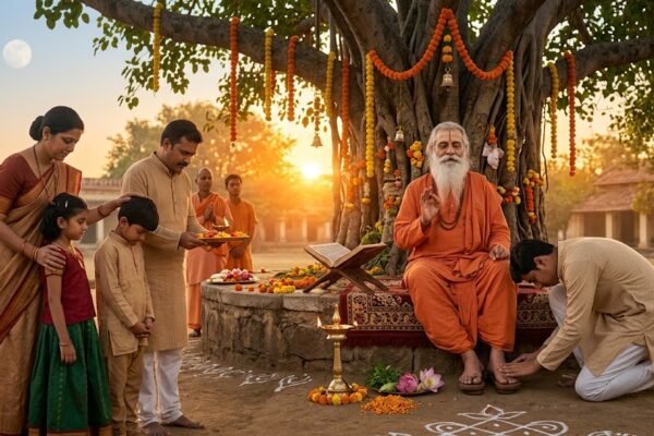गुरु पूर्णिमा पर गुरु के चरण स्पर्श करते शिष्य, साथ में माता-पिता और दीपक का आध्यात्मिक दृश्य