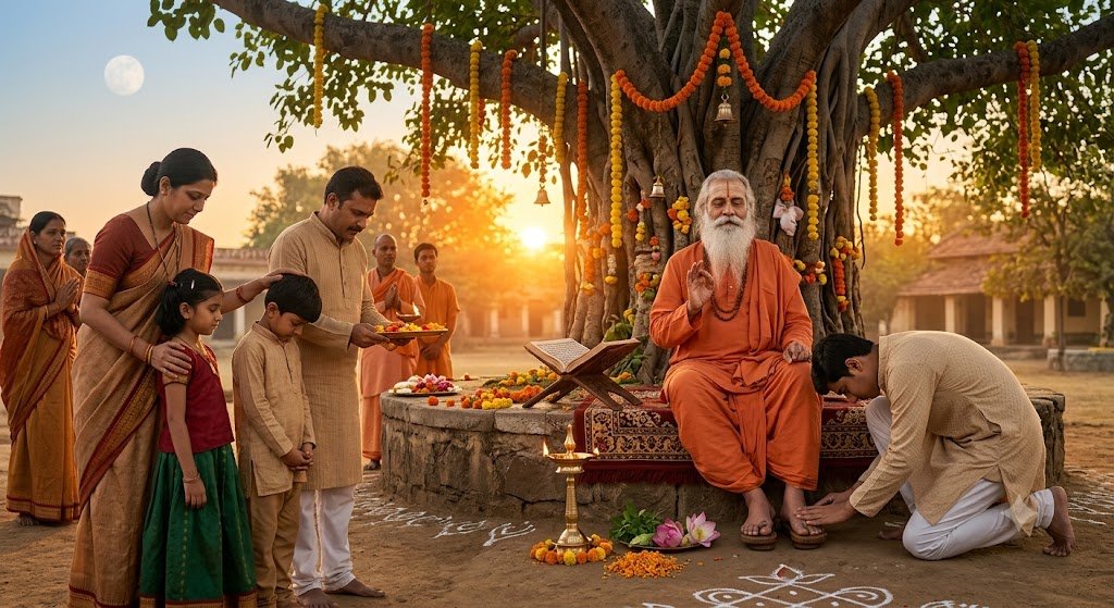 गुरु पूर्णिमा पर गुरु के चरण स्पर्श करते शिष्य, साथ में माता-पिता और दीपक का आध्यात्मिक दृश्य