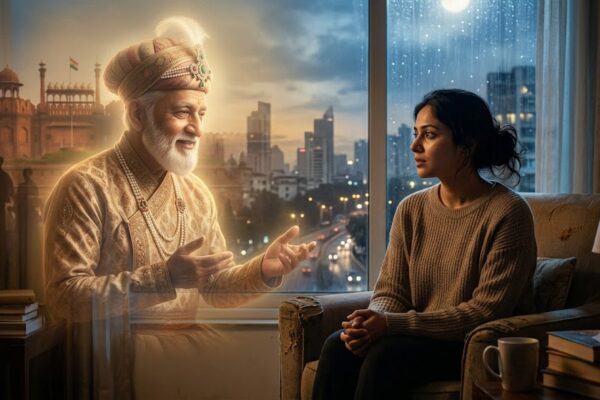 चाँदनी रात में खिड़की के पास चिंतन में बैठी एक महिला के सामने स्वप्न में प्रकट हुआ एक प्राचीन भारतीय बादशाह, जिसकी शांत मुद्रा अतीत से सीख लेकर वर्तमान और भविष्य की ओर बढ़ने का संदेश देती है।