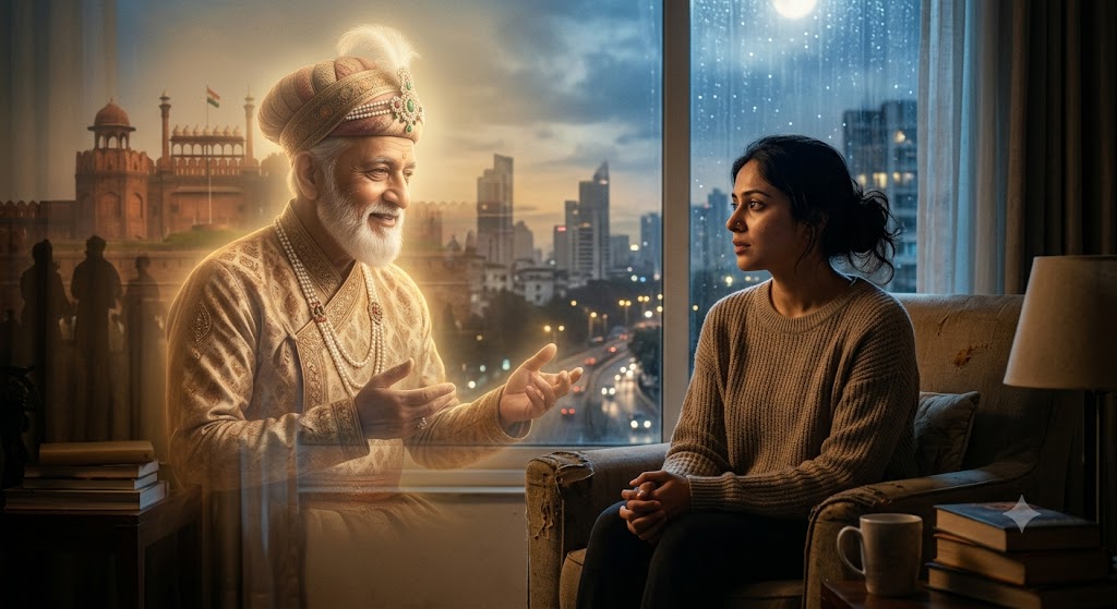 चाँदनी रात में खिड़की के पास चिंतन में बैठी एक महिला के सामने स्वप्न में प्रकट हुआ एक प्राचीन भारतीय बादशाह, जिसकी शांत मुद्रा अतीत से सीख लेकर वर्तमान और भविष्य की ओर बढ़ने का संदेश देती है।