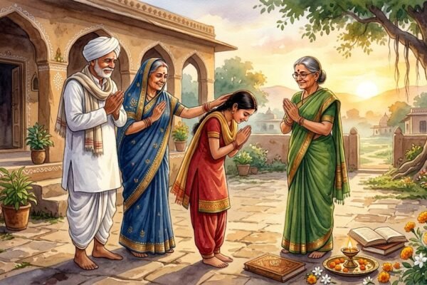 माता-पिता और गुरु के चरणों में नमन करती एक बेटी का भावपूर्ण चित्र