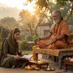 ज्ञान का दीप जलाते हुए गुरुदेव, चरणों में नतमस्तक शिष्य, गुरु वंदना पर आधारित भक्ति भजन।