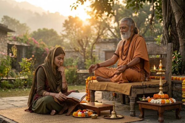 ज्ञान का दीप जलाते हुए गुरुदेव, चरणों में नतमस्तक शिष्य, गुरु वंदना पर आधारित भक्ति भजन।