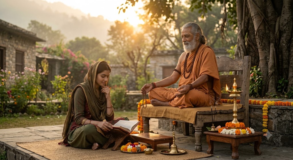 ज्ञान का दीप जलाते हुए गुरुदेव, चरणों में नतमस्तक शिष्य, गुरु वंदना पर आधारित भक्ति भजन।