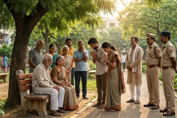 एक भारतीय वृद्ध दम्पति पार्क की बेंच पर बैठे हैं। उनके सामने बेटा-बहू हाथ जोड़कर क्षमा माँग रहे हैं, जबकि आसपास समाज के लोग और अधिकारी खड़े हैं। वातावरण भावुक, आशावान और पारिवारिक मेल-मिलाप का प्रतीक है।