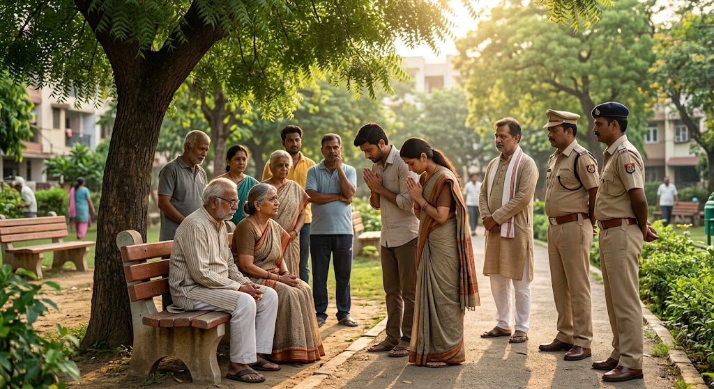 एक भारतीय वृद्ध दम्पति पार्क की बेंच पर बैठे हैं। उनके सामने बेटा-बहू हाथ जोड़कर क्षमा माँग रहे हैं, जबकि आसपास समाज के लोग और अधिकारी खड़े हैं। वातावरण भावुक, आशावान और पारिवारिक मेल-मिलाप का प्रतीक है।