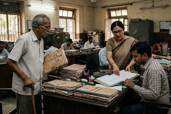 पेंशन फाइल पर हस्ताक्षर करते सरकारी अधिकारी और सामने उम्मीद भरी निगाहों से खड़ा एक बुज़ुर्ग