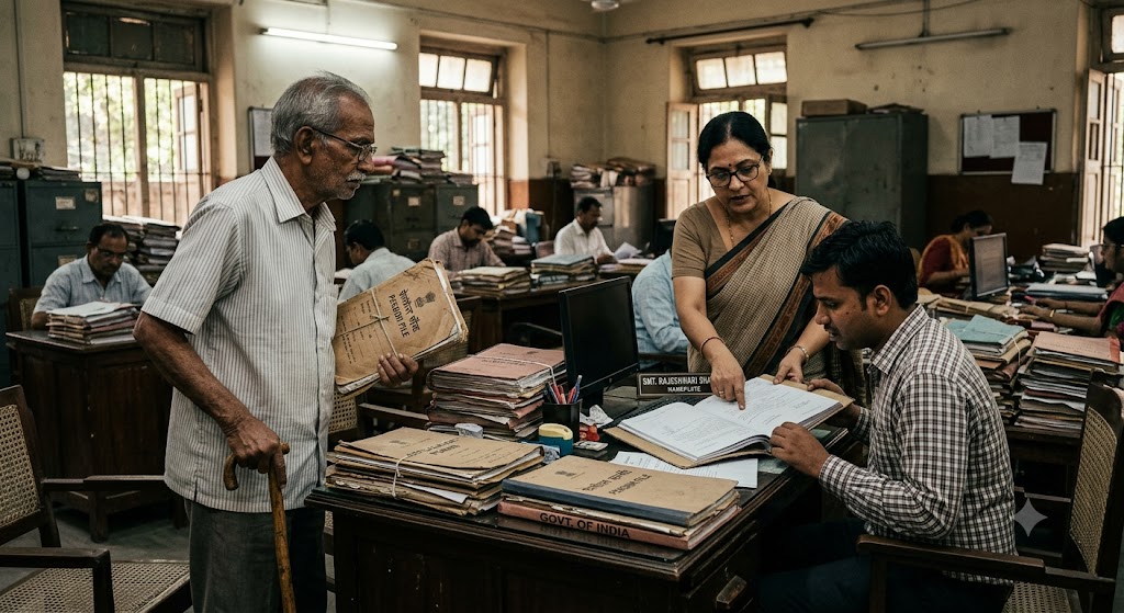 पेंशन फाइल पर हस्ताक्षर करते सरकारी अधिकारी और सामने उम्मीद भरी निगाहों से खड़ा एक बुज़ुर्ग