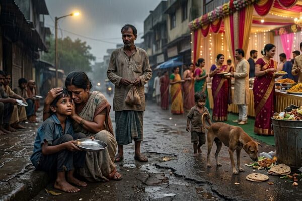 एक भूखा बच्चा रोटी की ओर उम्मीद भरी नज़रों से देखता हुआ