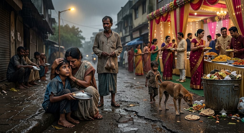 एक भूखा बच्चा रोटी की ओर उम्मीद भरी नज़रों से देखता हुआ