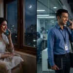 मोबाइल पर देर रात बात करते हुए भावुक प्रेमी युगल, प्रेम और भरोसे का प्रतीकात्मक दृश्य।