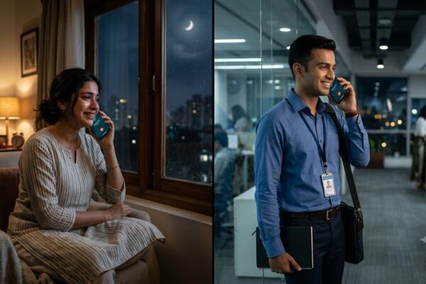 मोबाइल पर देर रात बात करते हुए भावुक प्रेमी युगल, प्रेम और भरोसे का प्रतीकात्मक दृश्य।