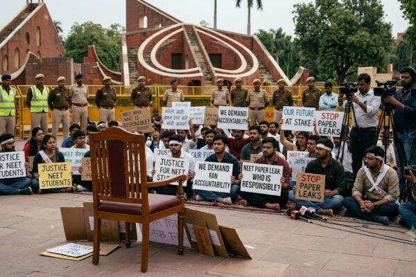 "दिल्ली के जंतर-मंतर पर नीट पेपर लीक के विरोध में प्रदर्शन, शिक्षा मंत्री के इस्तीफ़े की मांग और सोनम वांगचुक के अनशन का प्रतीकात्मक दृश्य।"
