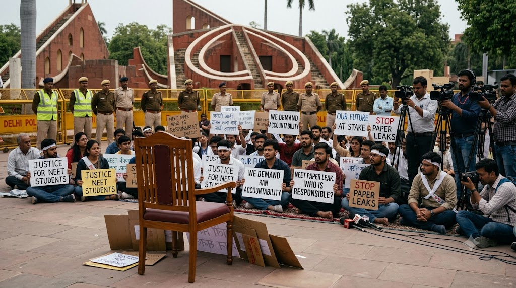 "दिल्ली के जंतर-मंतर पर नीट पेपर लीक के विरोध में प्रदर्शन, शिक्षा मंत्री के इस्तीफ़े की मांग और सोनम वांगचुक के अनशन का प्रतीकात्मक दृश्य।"