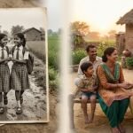 बचपन से साथ रही दो भारतीय सहेलियाँ मुस्कुराते हुए पुरानी यादें साझा करती हुईं