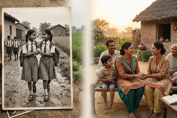 बचपन से साथ रही दो भारतीय सहेलियाँ मुस्कुराते हुए पुरानी यादें साझा करती हुईं