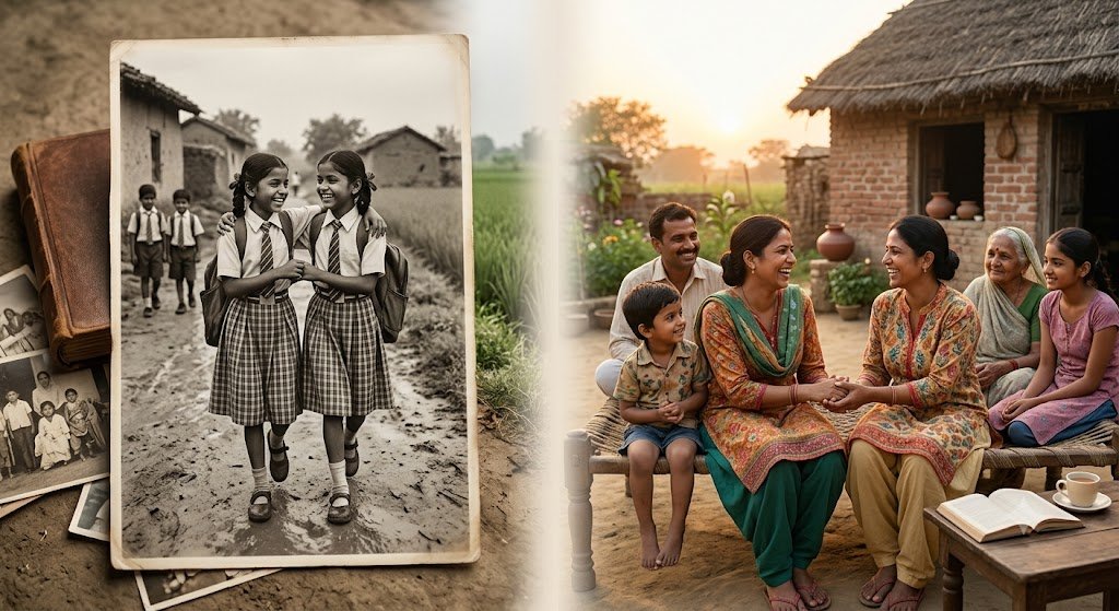 बचपन से साथ रही दो भारतीय सहेलियाँ मुस्कुराते हुए पुरानी यादें साझा करती हुईं