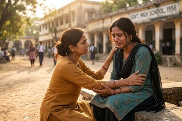कठिन समय में अपनी सहेली का हाथ थामकर हौसला देती एक महिला