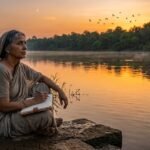 नदी किनारे संध्या में बैठा एक चिंतनशील लेखक, प्रकृति को निहारते हुए, सृजन और शब्दों के मौन पर विचार करता हुआ।