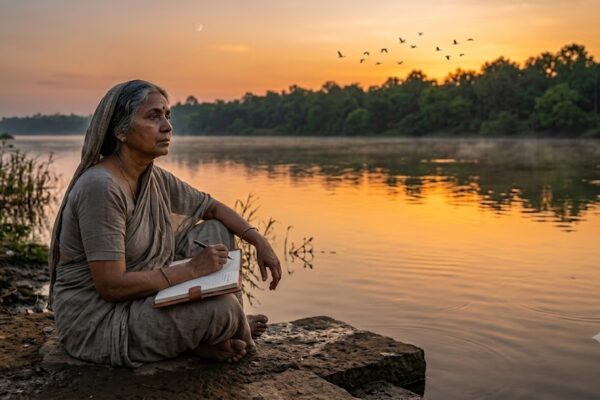 नदी किनारे संध्या में बैठा एक चिंतनशील लेखक, प्रकृति को निहारते हुए, सृजन और शब्दों के मौन पर विचार करता हुआ।