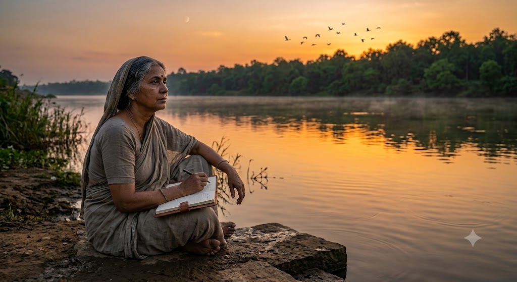 नदी किनारे संध्या में बैठा एक चिंतनशील लेखक, प्रकृति को निहारते हुए, सृजन और शब्दों के मौन पर विचार करता हुआ।