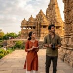 राघव और रिद्धिमा खजुराहो के कंदारिया महादेव मंदिर के सामने खड़े, पृष्ठभूमि में भव्य मंदिर और सुनहरी रोशनी।