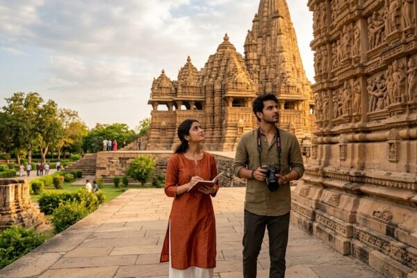राघव और रिद्धिमा खजुराहो के कंदारिया महादेव मंदिर के सामने खड़े, पृष्ठभूमि में भव्य मंदिर और सुनहरी रोशनी।