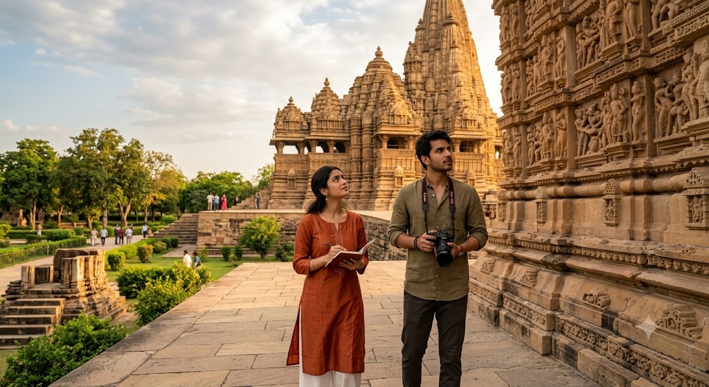 राघव और रिद्धिमा खजुराहो के कंदारिया महादेव मंदिर के सामने खड़े, पृष्ठभूमि में भव्य मंदिर और सुनहरी रोशनी।