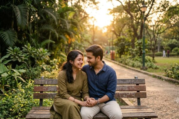 एक-दूसरे का हाथ थामे भावनात्मक जुड़ाव दर्शाता युवा जोड़ा.