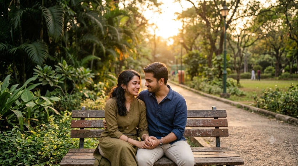 एक-दूसरे का हाथ थामे भावनात्मक जुड़ाव दर्शाता युवा जोड़ा.