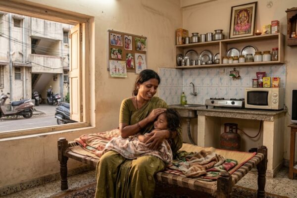 अपने बच्चे को गोद में लेकर स्नेहपूर्वक लोरी सुनाती एक भारतीय माँ का भावनात्मक दृश्य।