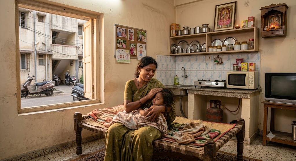 अपने बच्चे को गोद में लेकर स्नेहपूर्वक लोरी सुनाती एक भारतीय माँ का भावनात्मक दृश्य।