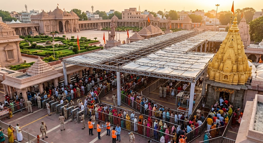 उज्जैन के श्री महाकालेश्वर मंदिर और महाकाल महालोक में श्रद्धालुओं की लंबी कतारें, सावन की तैयारियां और शीघ्र दर्शन व्यवस्था का यथार्थवादी दृश्य।