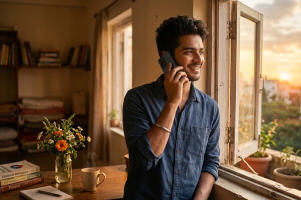 खिड़की के पास खड़ा एक युवक मुस्कुराते हुए फोन पर बात कर रहा है, बाहर उगती सुबह उम्मीद का प्रतीक है।