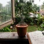 बारिश के मौसम में खिड़की के पास रखी गर्म मनचली चाय का कप, जो मोहब्बत और खूबसूरत यादों का एहसास कराता है।