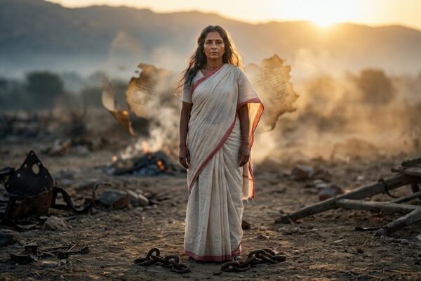 स्त्री अस्मिता और आत्मनिर्भरता का प्रतीक एक दृढ़ निश्चयी भारतीय महिला, जो युद्धभूमि में आत्मविश्वास के साथ खड़ी होकर सामाजिक बंधनों और रूढ़ियों को चुनौती देती दिखाई दे रही है।