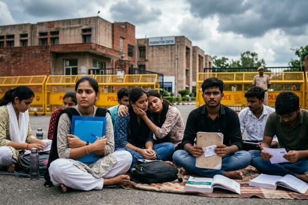 परीक्षा केंद्र के बाहर प्रवेश पत्र और किताबें हाथ में लिए शांतिपूर्वक बैठे भारतीय विद्यार्थी, जिनके चेहरों पर टूटे सपनों, संघर्ष, निराशा और न्याय की उम्मीद साफ़ दिखाई दे रही है। यह दृश्य पेपर लीक से प्रभावित युवाओं की पीड़ा और बेहतर भविष्य की उनकी आशा का प्रतीक है।