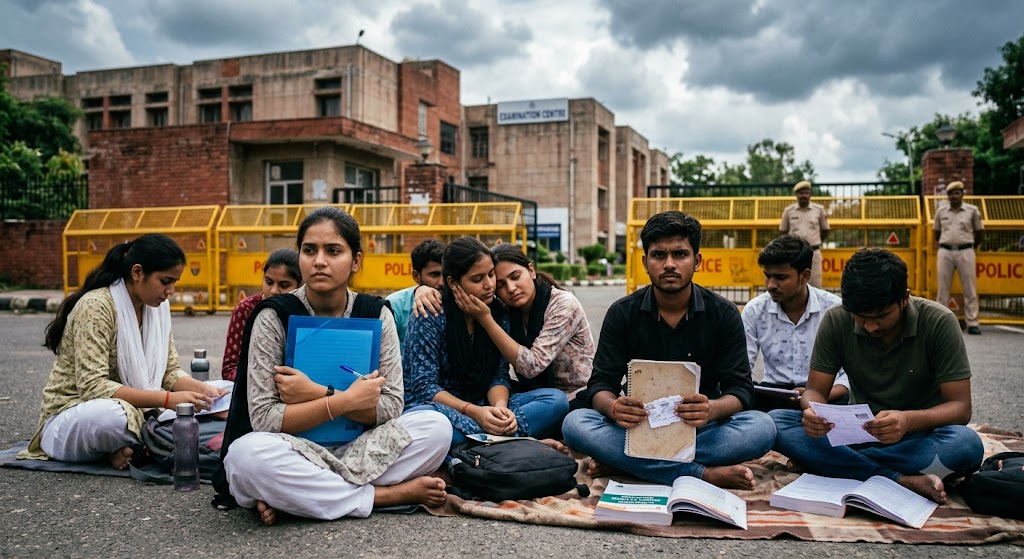 परीक्षा केंद्र के बाहर प्रवेश पत्र और किताबें हाथ में लिए शांतिपूर्वक बैठे भारतीय विद्यार्थी, जिनके चेहरों पर टूटे सपनों, संघर्ष, निराशा और न्याय की उम्मीद साफ़ दिखाई दे रही है। यह दृश्य पेपर लीक से प्रभावित युवाओं की पीड़ा और बेहतर भविष्य की उनकी आशा का प्रतीक है।