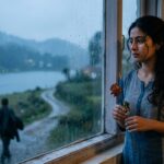 बारिश में खिड़की के पास खड़ी एक युवती, हाथ में सूखा गुलाब लिए दूर क्षितिज की ओर देखती हुई। उसके चेहरे पर बिछड़ने की पीड़ा और पुरानी यादों की गहरी भावनाएँ झलक रही हैं।