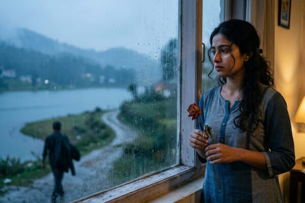 बारिश में खिड़की के पास खड़ी एक युवती, हाथ में सूखा गुलाब लिए दूर क्षितिज की ओर देखती हुई। उसके चेहरे पर बिछड़ने की पीड़ा और पुरानी यादों की गहरी भावनाएँ झलक रही हैं।