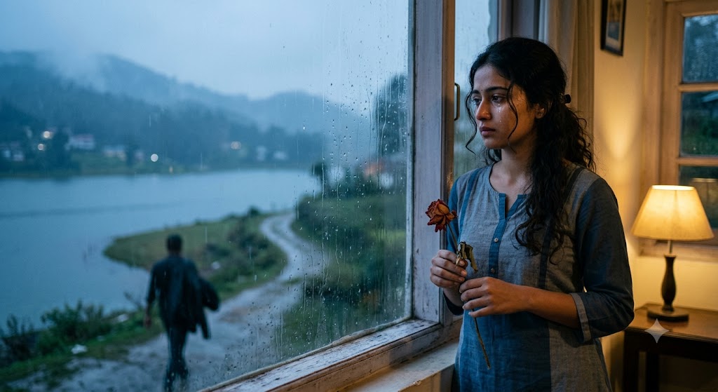 बारिश में खिड़की के पास खड़ी एक युवती, हाथ में सूखा गुलाब लिए दूर क्षितिज की ओर देखती हुई। उसके चेहरे पर बिछड़ने की पीड़ा और पुरानी यादों की गहरी भावनाएँ झलक रही हैं।